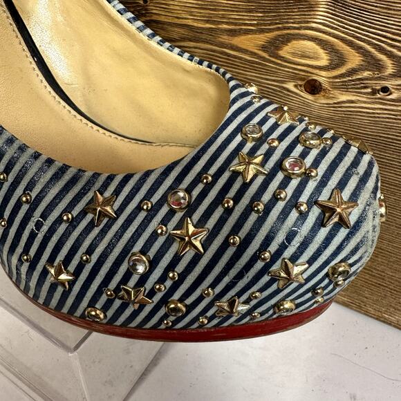 Gianni Bini Chunky Platform Ultra High Heels SZ 7 Nautical Striped Star  Retro - Picture 2 of 10